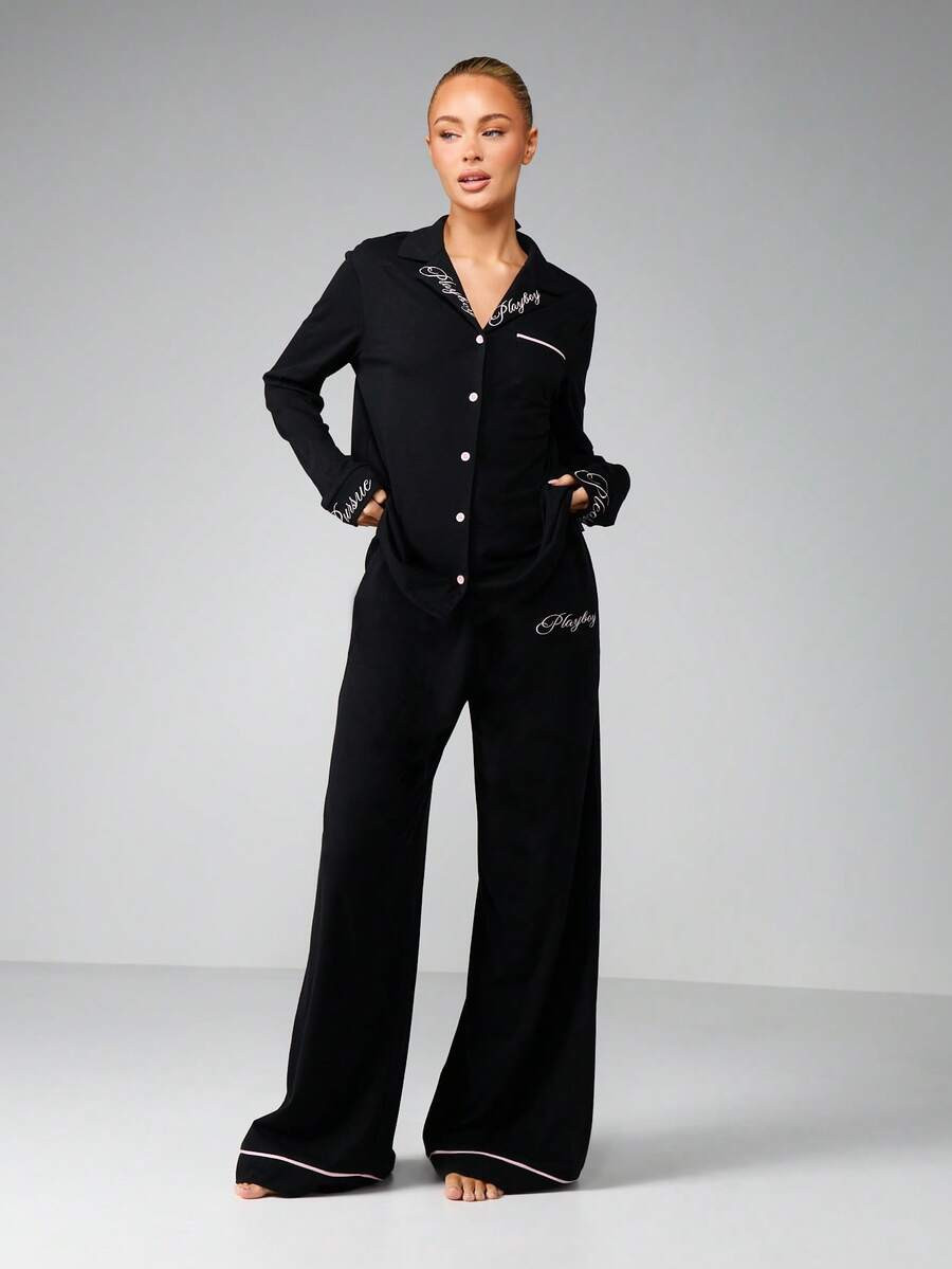 Missguided x Playboy Set di pigiama ricamato con bottoni anteriori e pantaloni a gamba ampia per ... | SHEIN