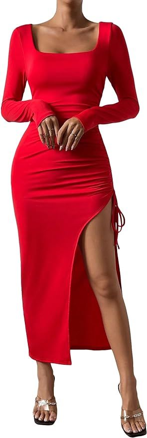 SweatyRocks Women's Long Sleeve Square Neck Maxi Dress Drawstring Split Slim Fit Bodycon Dresses | Amazon (US)