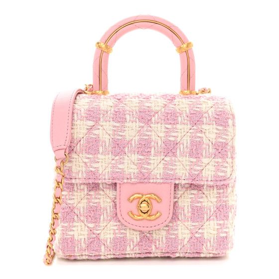 Chanel Tweed Handle Crush Top Handle Flap Bag Pink Ecru | FASHIONPHILE (US)