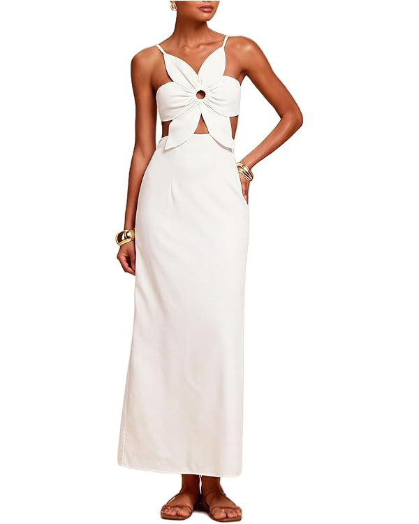 SHENHE Women's Petal Backless Linen Maxi Dress Keyhole Cut Out Vacation Zipper Summer Dresses | Amazon (US)