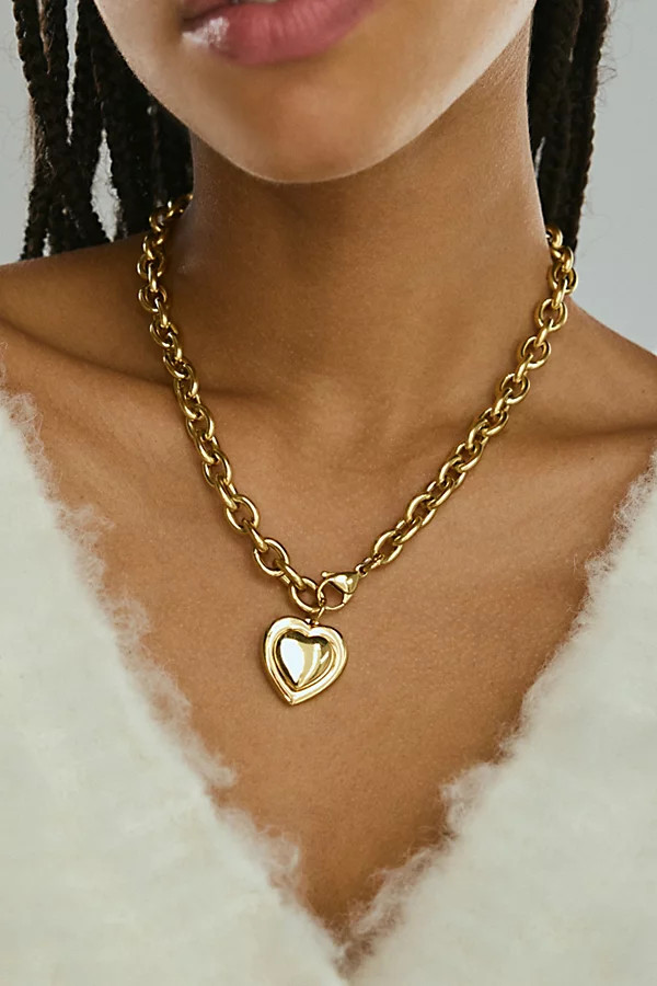 Waterproof Puffy Heart Charm Necklace in Gold, Women's at Urban Outfitters | Urban Outfitters (US and RoW)
