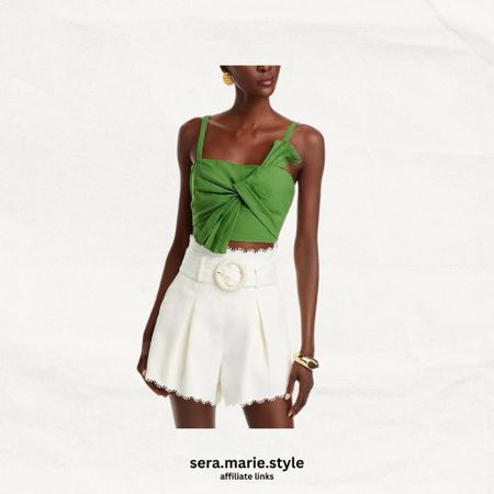 Women’s green cropped top 
Bow top 
Bloomingdales 
FARM Rio top 
Summer style 
Summer fashion 
Vacation outfit 
White shorts 
Skirt with cropped top 

#LTKStyleTip #LTKFindsUnder100 #LTKTravel