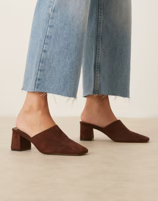ASOS DESIGN Selena mid heel mule in chocolate suedette | ASOS (Global)