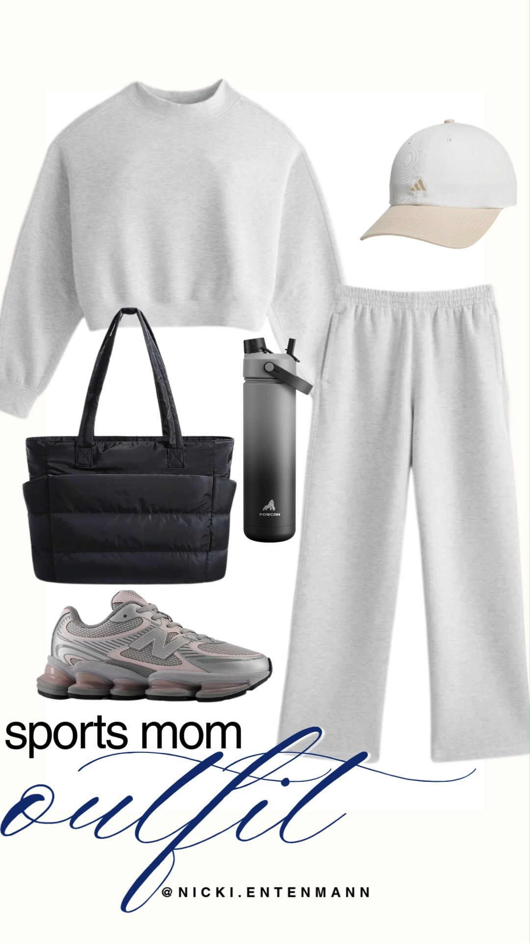 Stay comfortable and stylish on game days with this effortless sports mom outfit featuring a light grey sweatshirt, wide leg sweatpants, New Balance sneakers, Adidas cap, black puffer tote, and durable water bottle. #sportsmom #momstyle #athleisure #casualoutfit #gamedaystyle #newbalance #streetstyle #comfyoutfit #sidelinefashion #modernliving 👟🧢👜 

 #LTKootd #LTKActive #LTKSaleAlert