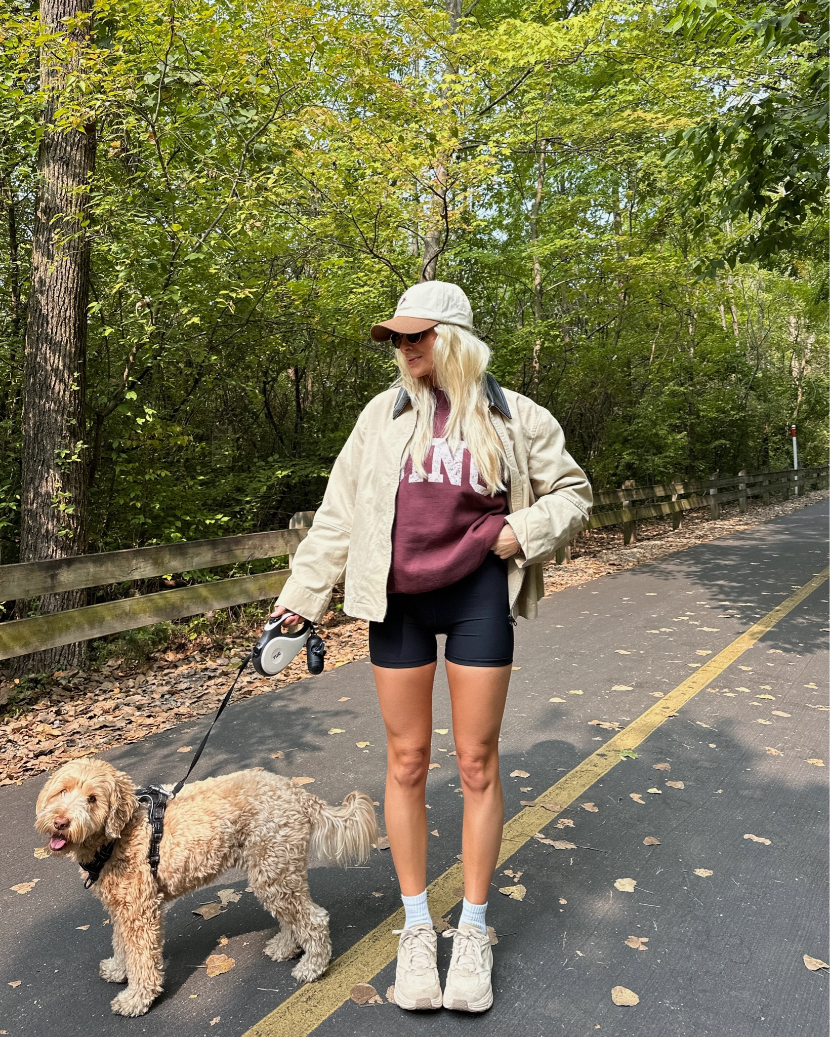 Casual fall outfit! Size small in sweatshirt & shorts, size medium in jacket. True size in shoes 
