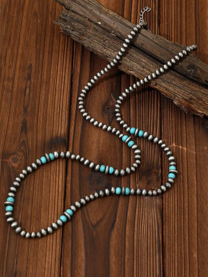 1 Pc Western Style Faux Navajo Faux Pearl & Turquoise Beaded Long Necklace Jewelry Accessories | ... | SHEIN
