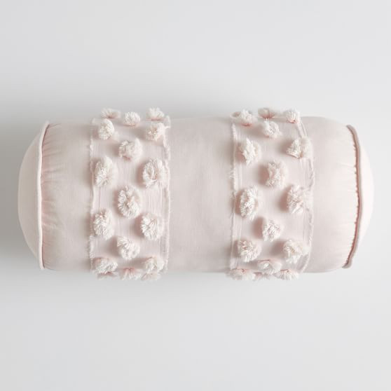 Pretty Pom Bolster Pillow, 10x20, Powdered Blush | Pottery Barn Teen