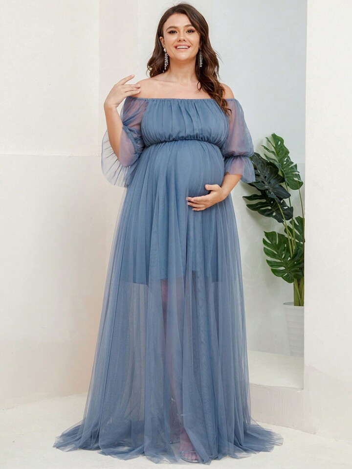 EVER-PRETTY Maternity Off Shoulder Ruched Bust Mesh Dress | SHEIN