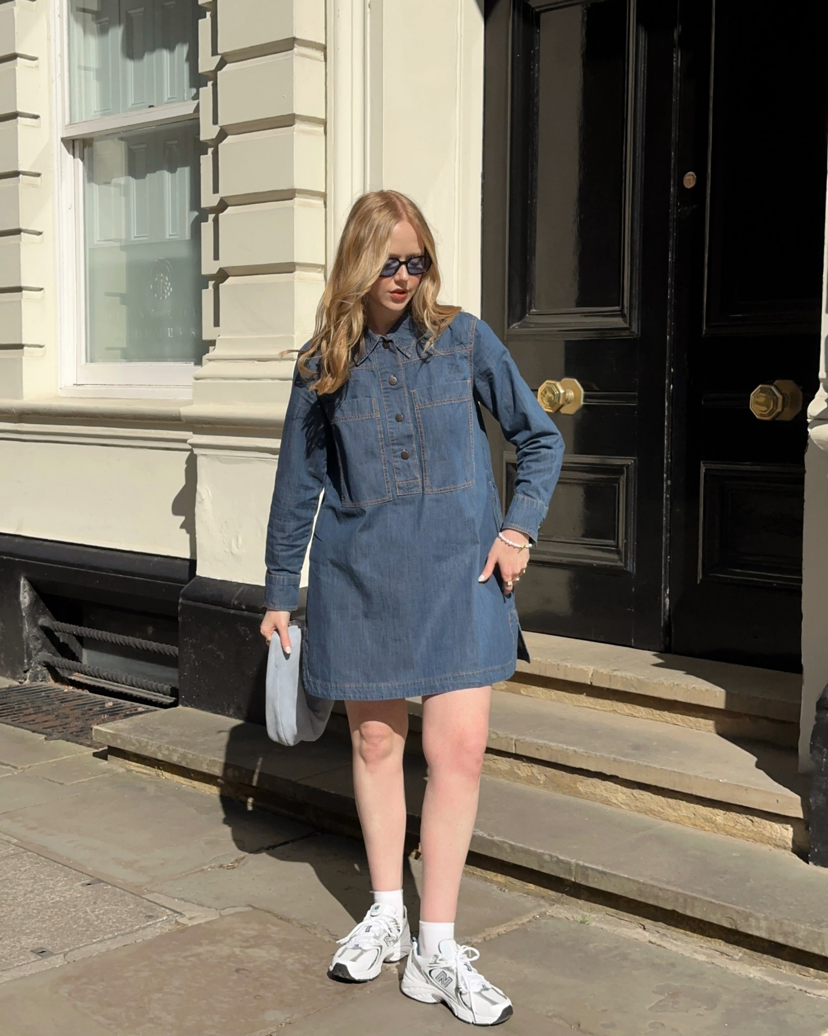 Denim Dress, Shirt Dress, Monsoon, New Balance, White Trainers, Blue Bag. 

#LTKuk #LTKspring #LTKeurope