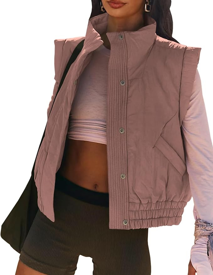 Women's Lightweight Puffer Vest Button Down Crop Qulited Vest Coat Stand Collar Sleeveless Padded... | Amazon (US)