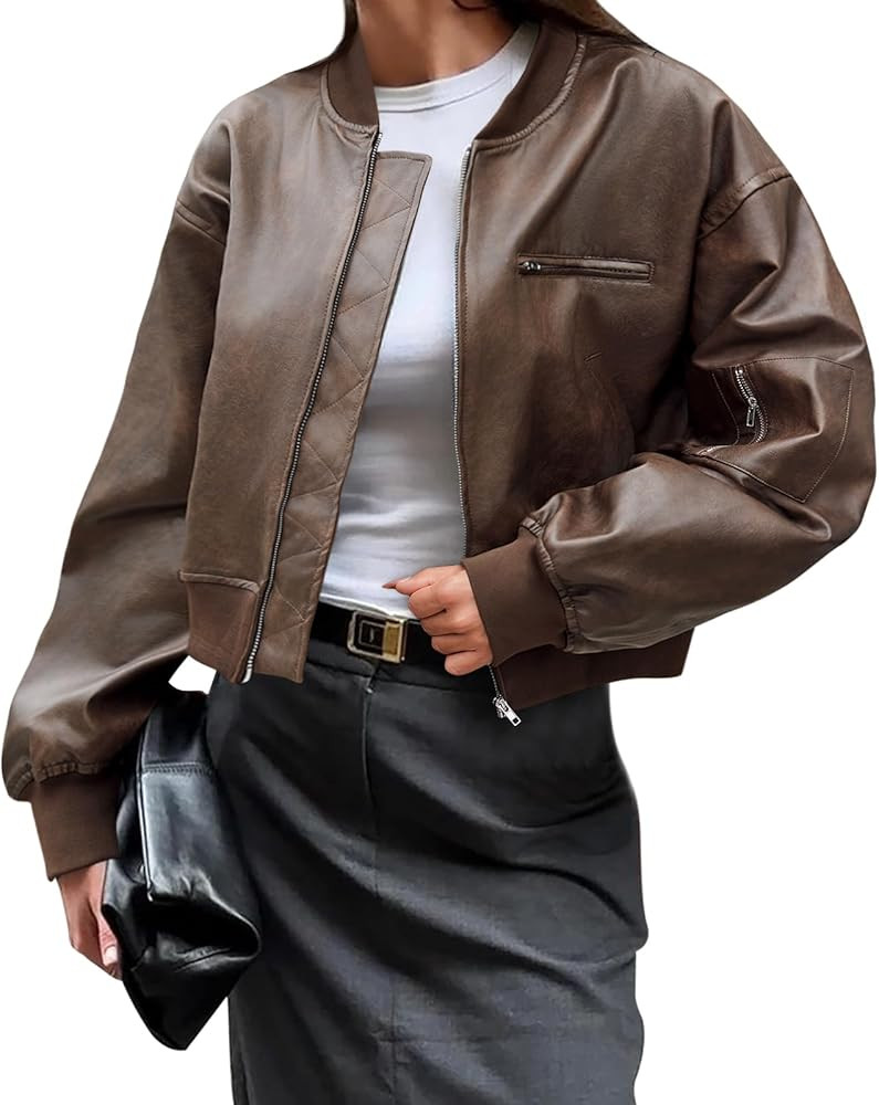 Cicy Bell Womens Faux Leather Bomber Jackets Baseball Collar Zip Up Cropped Biker Coat with Pocke... | Amazon (US)