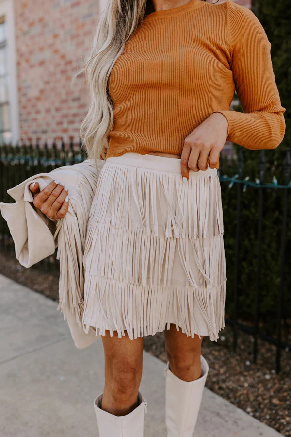 Boho Flow Faux Suede Fringe Skirt in Cream | Impressions Online Boutique