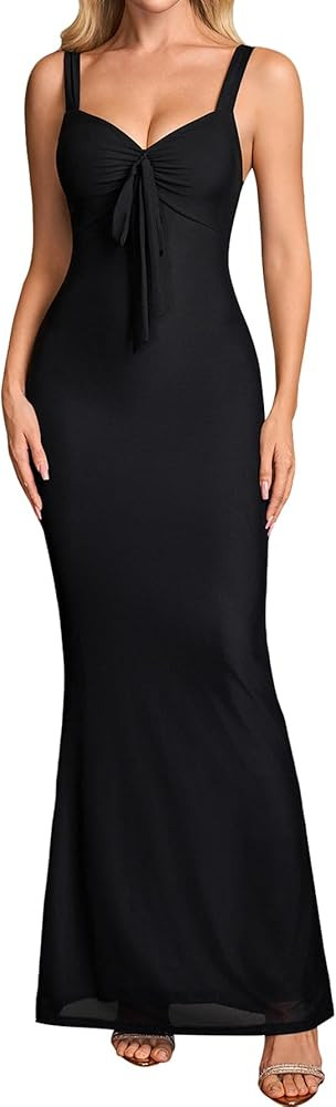 EYNMIN Floral Maxi Wedding Guest Dresses for Women 2026 Summer V Neck Bow Tie Bodycon Mesh Formal... | Amazon (US)