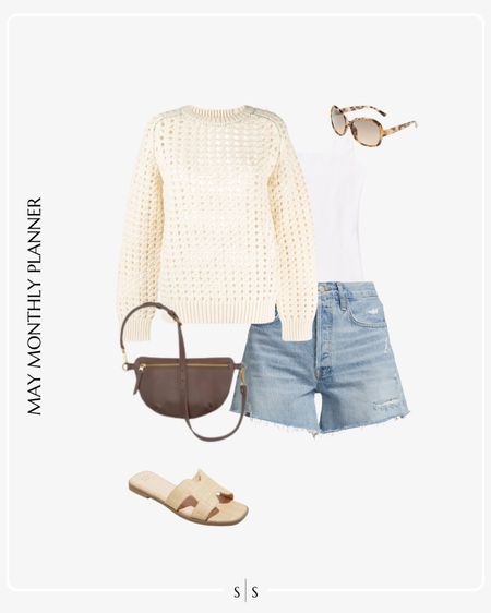 Monthly outfit planner: MAY: Spring and Summer looks | knit crochet sweater, denim shorts, slide sandals, sling bag

See the entire calendar on thesarahstories.com ✨ 


#LTKStyleTip
