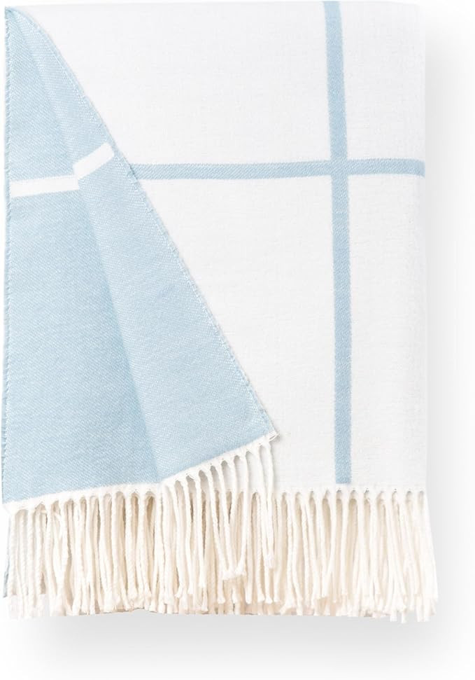 Hofdeco Premium Coastal Decorative Throw Blanket for Patio Couch Sofa, Baby Blue Plaid with Fring... | Amazon (US)