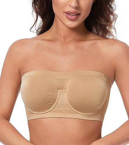 HACI Women's Non Padded Strapless Bra Underwire Bandeau Seamless Multiway Supportive Tube Top(Nude,X-Large) | Amazon (US)