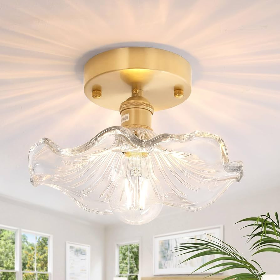 Semi Flush Mount Ceiling Light, Gold Hallway Vintage Lights Fixture Ceiling with Clear Water Lily... | Amazon (US)
