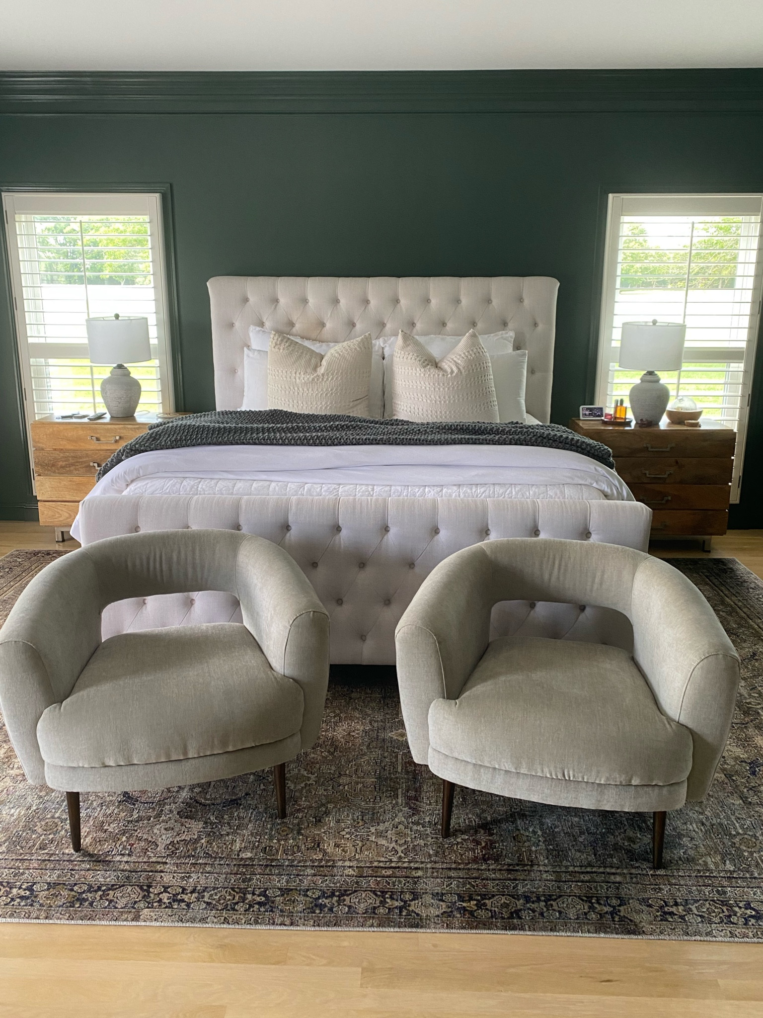 primary bedroom update! Color is Alpine Trail by Behr. 

Sheets & duvet cover are from Cozy Earth!

Chairs are in the velvet fabric, color Dune. 

Overstock. Target. Amazon. Euro shams. Kind bed. Quilt. Duvet. 