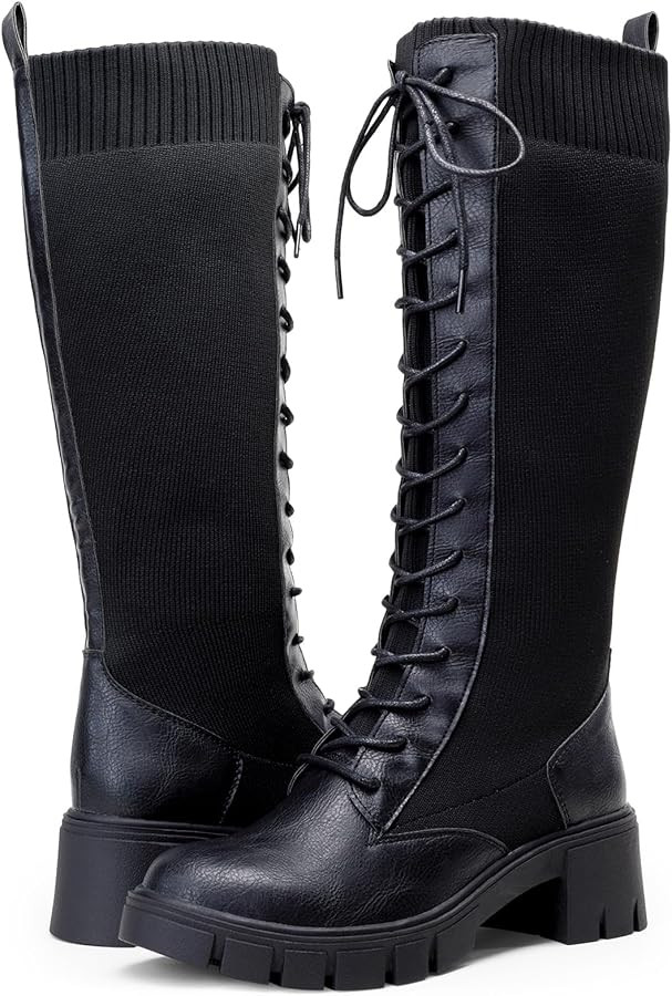 Vepose Women's 953 Lace Platform Combat Knee High Boots with Comfort Chunky Heel | Amazon (US)