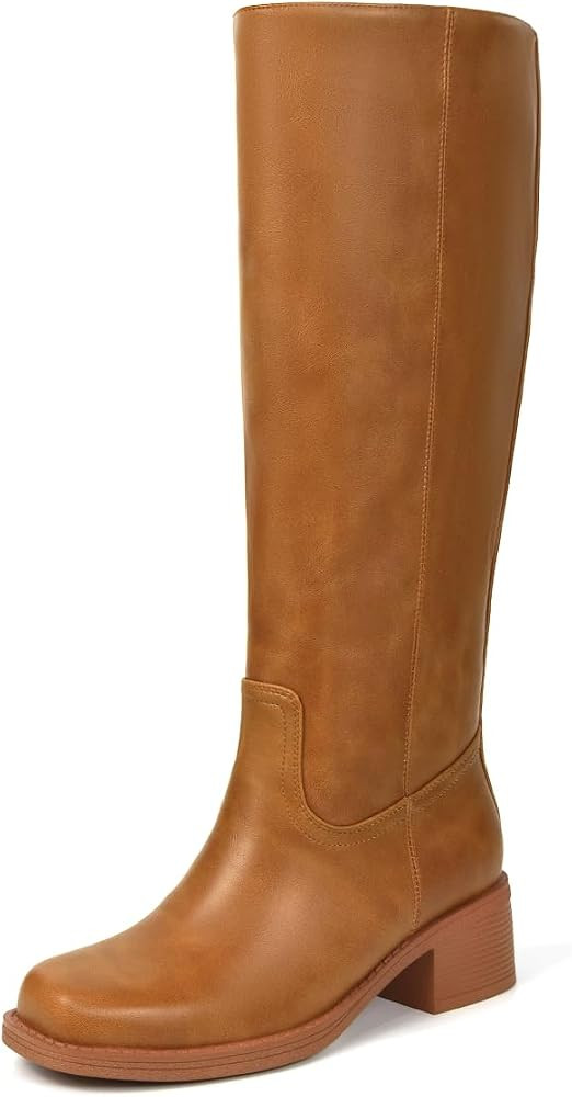 Platform Knee High Boots for Women Square Toe Chunky Block Heel Long Boots Wide Calf Riding Boots... | Amazon (US)