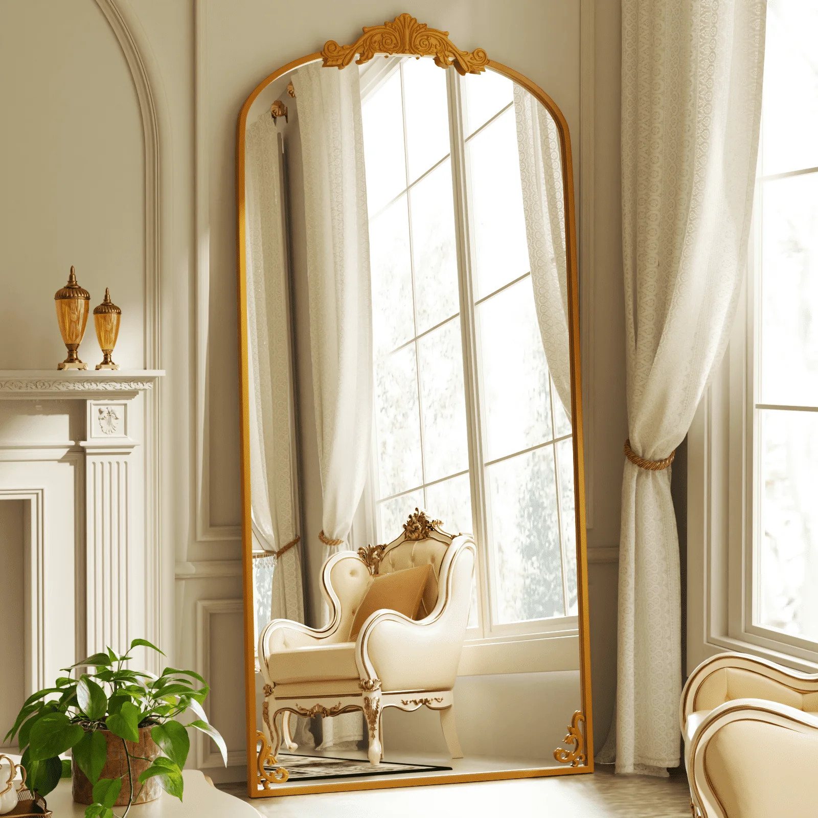 BEAUTYPEAK 74"x32" Full Length Mirror with Baroque Flower Head Design Wall-Mounted Mirror,Gold | Walmart (US)