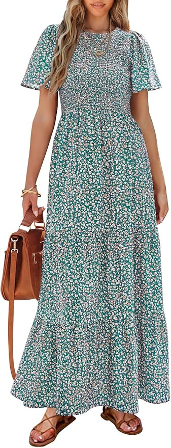 PRETTYGARDEN Women's 2026 Summer Casual Flutter Short Sleeve Boho Floral Maxi Dress Crew Neck Smo... | Amazon (US)
