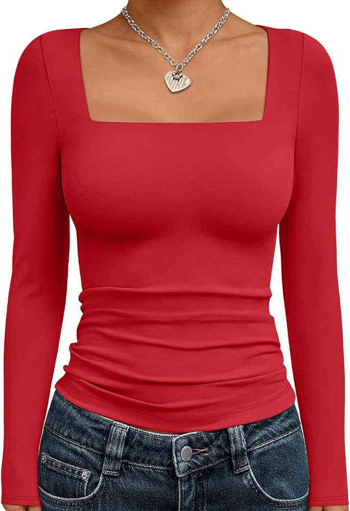 Trendy Queen Womens Long Sleeve Shirts Square Neck Going Out Crop Tops Fashion Y2k Workout Clothe... | Amazon (US)