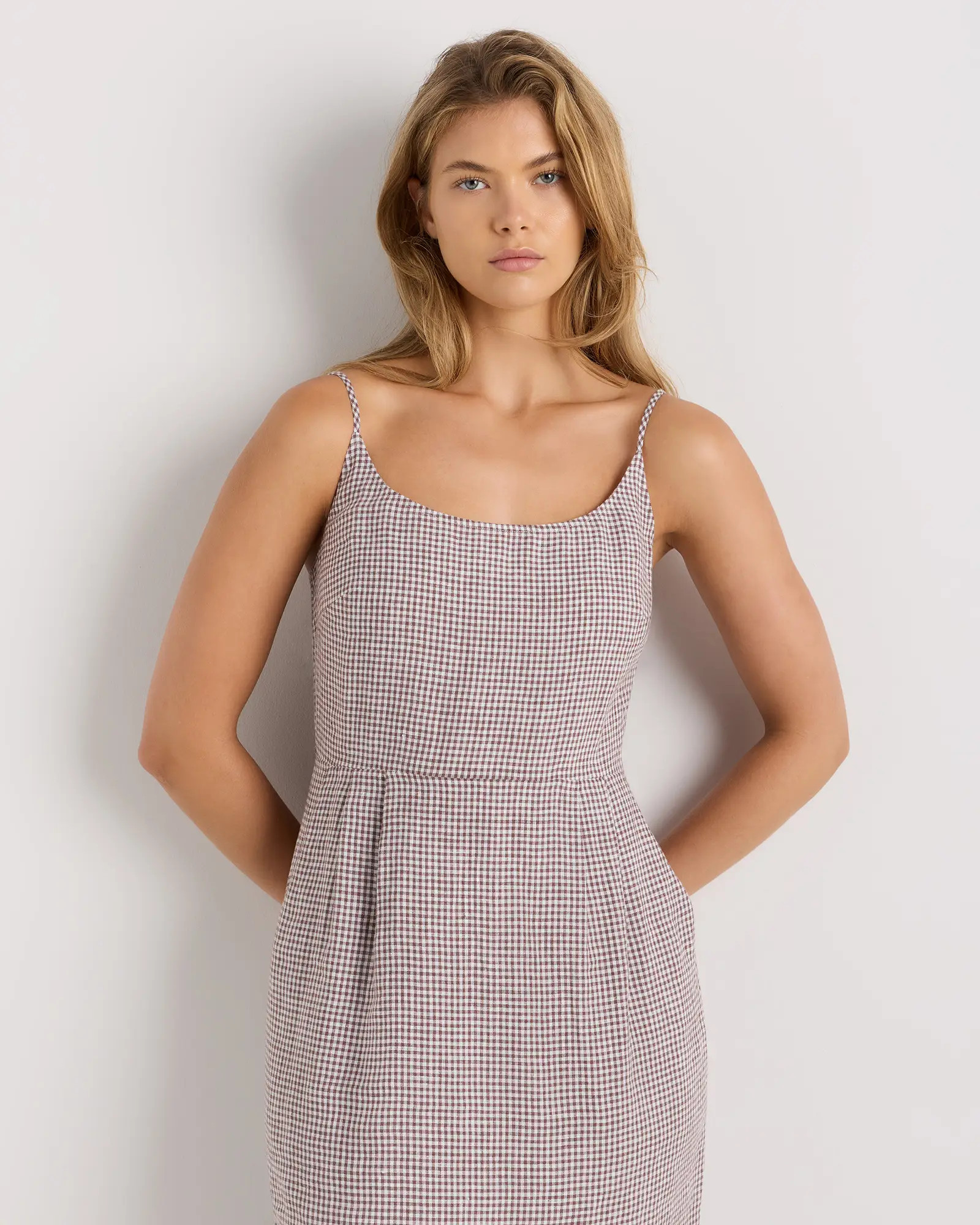 100% European Linen Scoop Neck Midi Dress in Taupe Brown Gingham | Quince