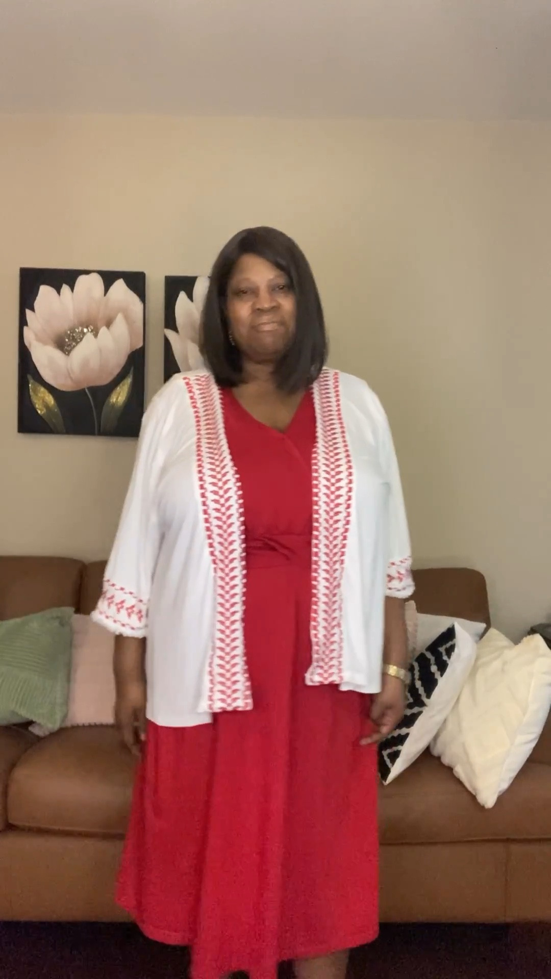 Plus size red dress with white jacket with red trim. 

#LTKPlusSize #LTKootd #LTKOver40
