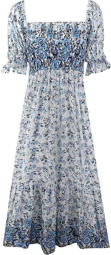 Women's Boho Vintage Puff Sleeves Midi Dress,Off Shoulder A-Line Flowy Long Dresses | Amazon (US)
