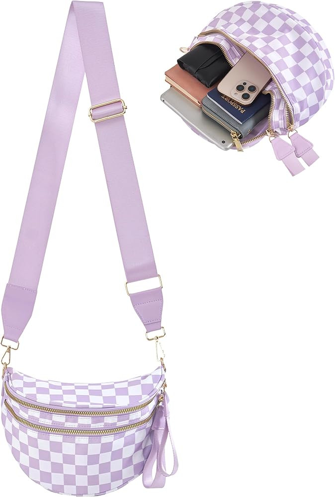 Checkered Crossbody Bum Bags for Women, Spacious Water-Resistant Nylon Shoulder Belt Bag Checkere... | Amazon (US)