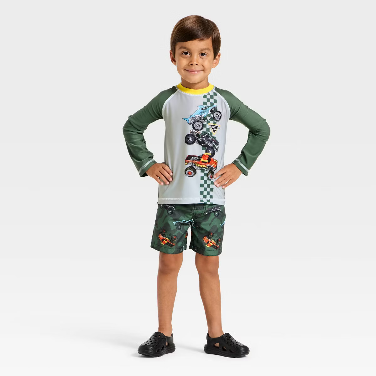 Toddler Boys' Monster Jam Long Sleeve Rash Guard Set - Olive Green | Target