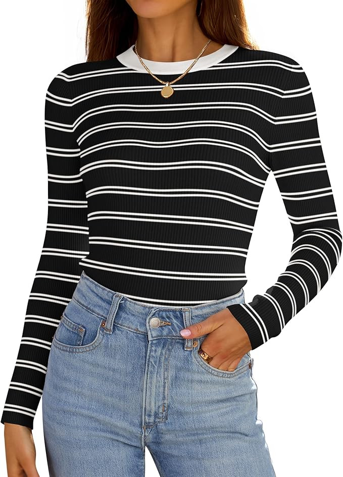 ZESICA Women's Long Sleeve Crewneck Striped Shirts 2024 Fall Sweater Ribbed Knit Slim Fit Basic C... | Amazon (US)