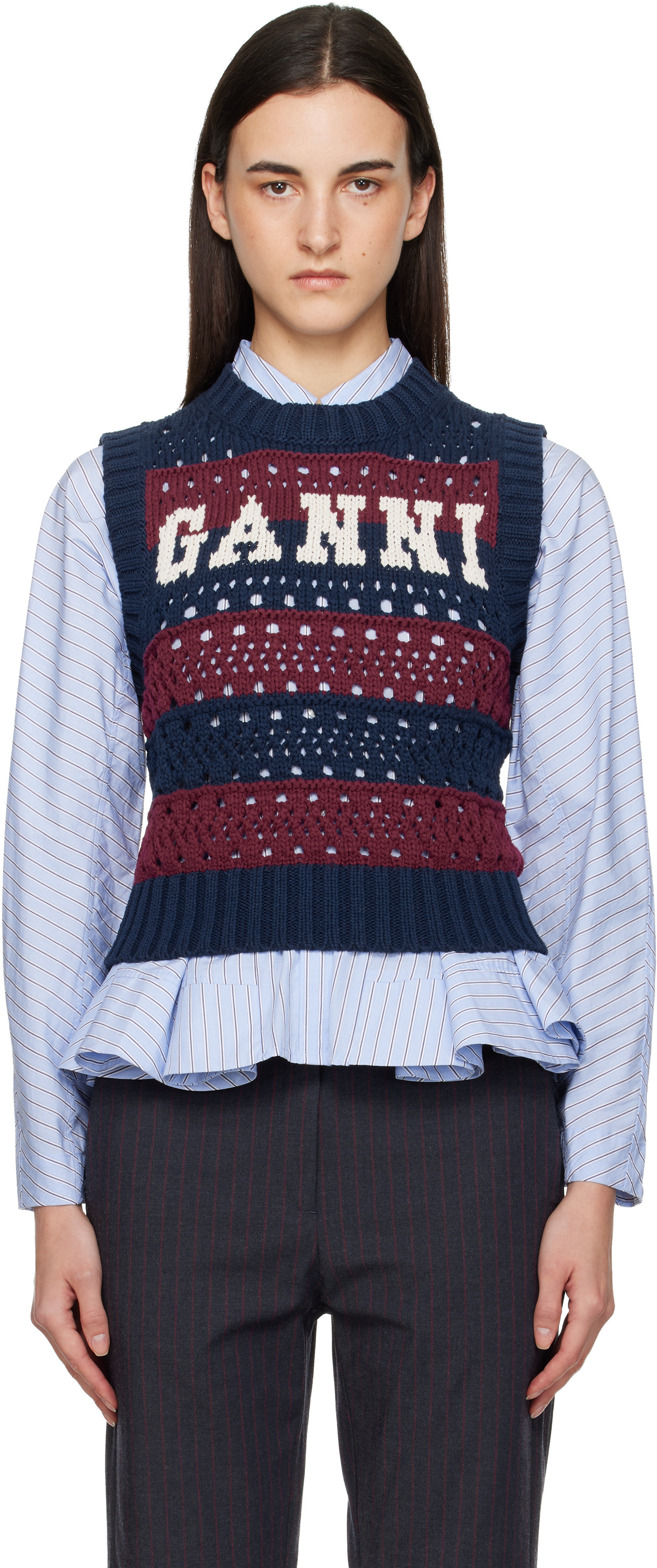 GANNI Navy & Burgundy Cotton Mixed Stripe Vest | SSENSE