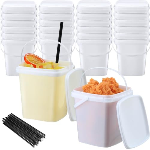 SiliFine 24 Pcs 33.8 oz Rum Buckets with Lids and Straws for Drinks, 24 Cocktails Plastic Square Reusable Ice Cream Buckets 20 Black Straws for Summer Birthday Party Snacks Drinks | Amazon (US)