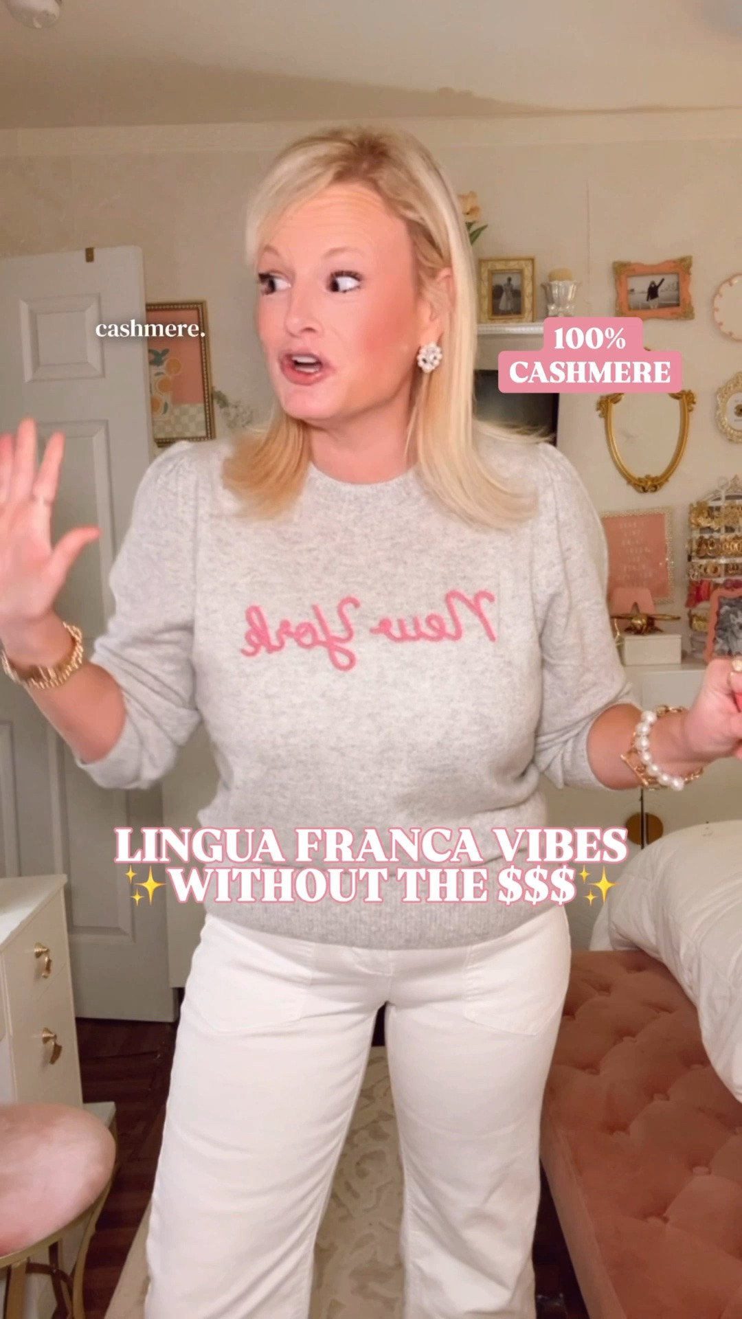 00% cashmere sweater, cashmere sweater women, Walmart cashmere sweater, Lingua Franca look for less, embroidered cashmere sweater, luxury look for less

A 100% cashmere sweater at Walmart is already a plot twist. Add the embroidered New York script, soft puff sleeve, ribbed trim, and that Lingua Franca-style feel, and this becomes one of those “how is this not triple the price?” finds.

I sized up to a large for a slightly roomier, more relaxed fit. The body is 100% cashmere, and it has that soft, lightweight, luxe feel that makes a simple outfit look instantly more expensive.

This is the kind of sweater that works with white jeans, denim, trousers, skirts, layered over shoulders, or packed for travel when you want one easy piece that still feels polished.

Why it works:
✨ 100% cashmere body
✨ embroidered script detail
✨ Lingua Franca vibes for way less
✨ soft puff sleeve shape
✨ ribbed cuffs and hem
✨ easy crewneck fit
✨ luxe look without the designer price tag

If you love cashmere sweaters, embroidered sweaters, luxury sweaters for less, Walmart fashion finds, designer look for less, Lingua Franca-inspired style, New York sweater, soft sweaters women, lightweight cashmere sweater, spring sweaters women, travel outfit women, elevated casual outfits, polished everyday style, or expensive-looking basics, this is the one to know about.

It feels like a little luxury piece you’ll keep reaching for because it makes the whole outfit look and feel luxurious.

#LTKFindsUnder100 #WalmartFinds #CashmereSweater #LookForLess #LuxuryForLess #DesignerLookForLes

#LTKSeasonal #LTKWorkwear #LTKPetite