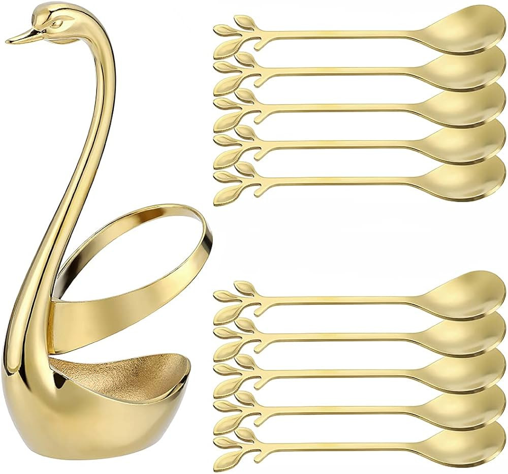 Decorative Gold Swan Base Holder with 10pcs 4.7’’ Coffee Spoon set,AnSaw Creative Gold Leaf D... | Amazon (US)