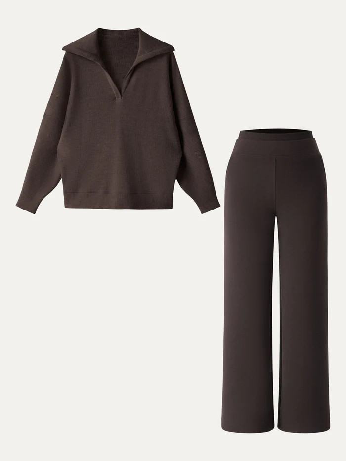 2Pcs Set Regular Double Waistband Straight Pants & V-Neck Batwing Sleeve Pullover | OGLmove