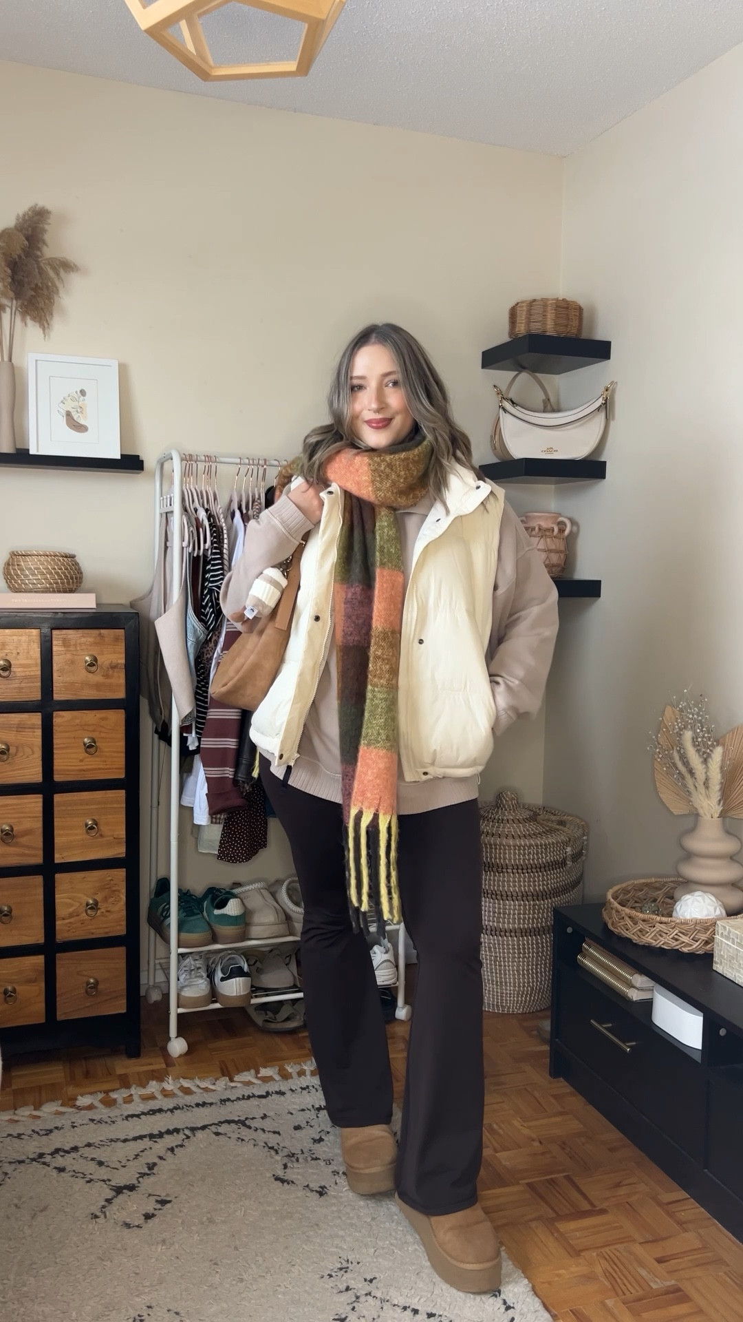Cozy fall to winter outfit! Wearing my usual size L in the sweatshirt, white tee, and chocolate brown flare leggings. I did an L tall in the puffer vest because I have a long torso. Canadian Old Navy links are under “similar products”. Ugg look for less are from amazon and I’ve had them for a year! I’m a 9.5-10 shoe and wear a 10


#LTKwinter #LTKmidsize #LTKfall