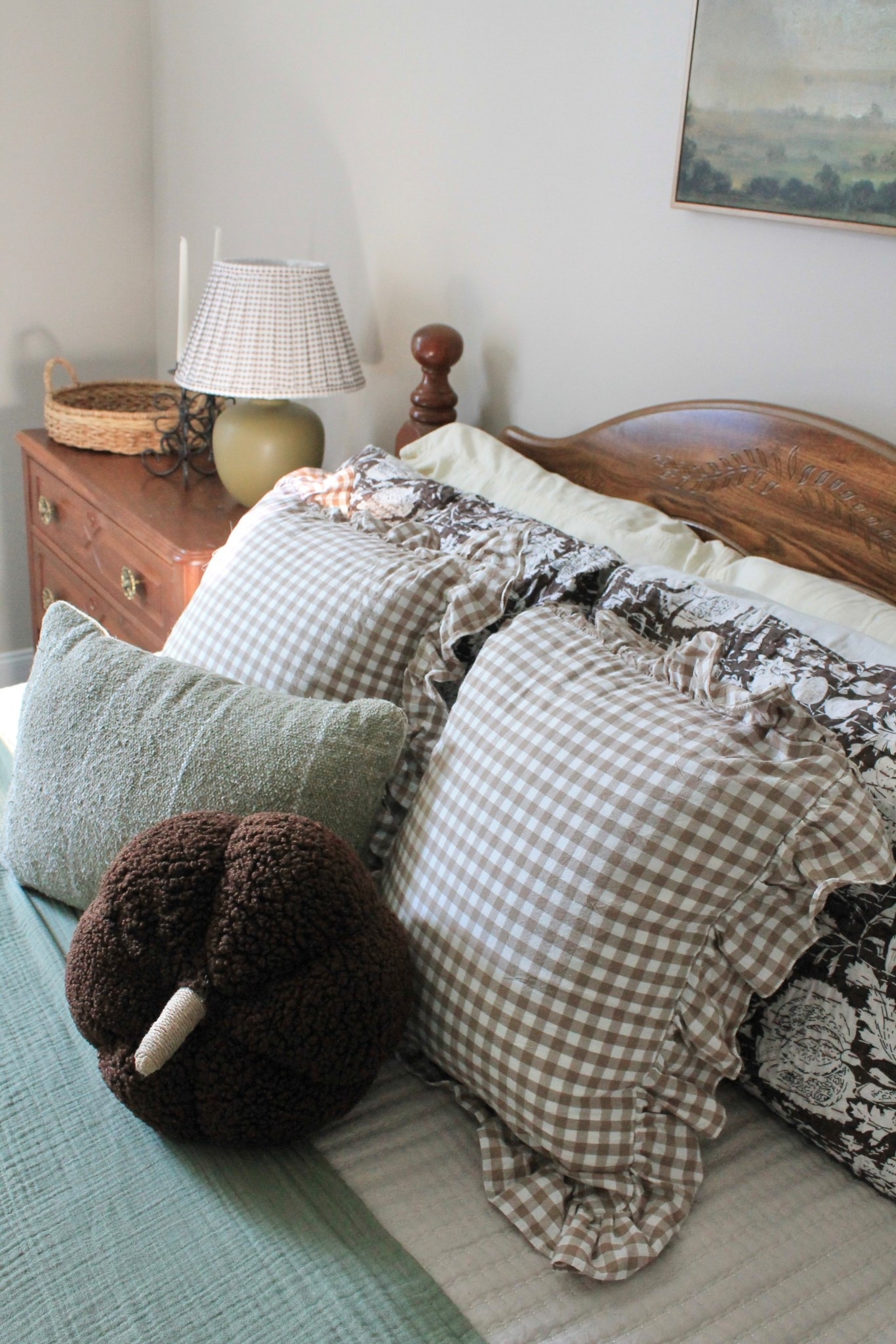 Cottagecore guest room! Gingham pillow covers. Pumpkin pillow. Cozy bedroom. Cozy home. 

#LTKSeasonal #LTKStyleTip #LTKHome