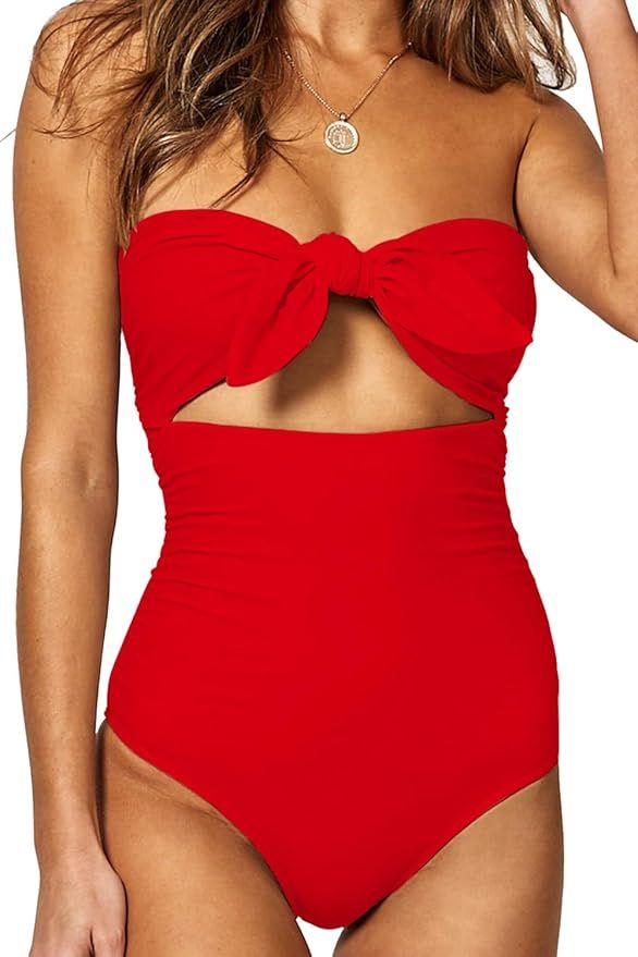 QINSEN Womens Sexy Strapless Tie Knot Front High Waist One Piece Swimsuit | Amazon (US)