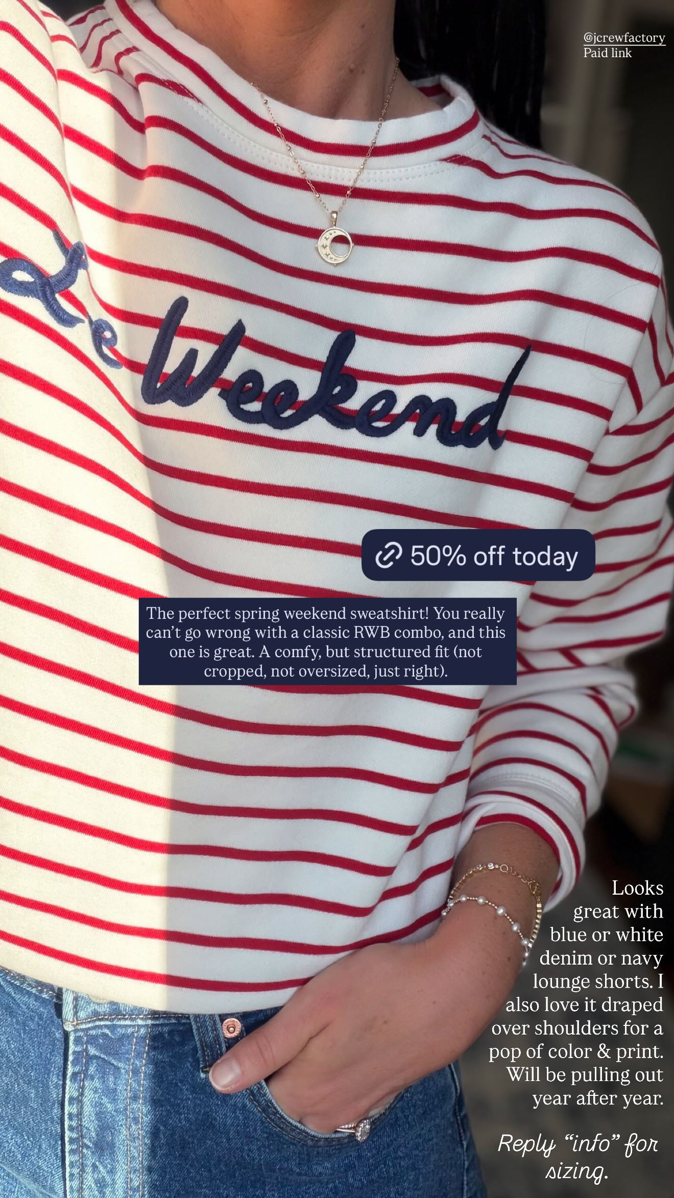 I love this classic red, white, and blue striped sweatshirt! It's very comfy with a classic, structured fit (not too tight or oversized). Fits TTS, but if between sizes, I would size up. I'm wearing a small.

sweatshirt, striped sweatshirt, coastal style, weekend style, summer style, casual style, casual outfit, weekend outfit, Memorial Day, American style  

 #LTKgrwm #LTKootd #LTKSaleAlert
