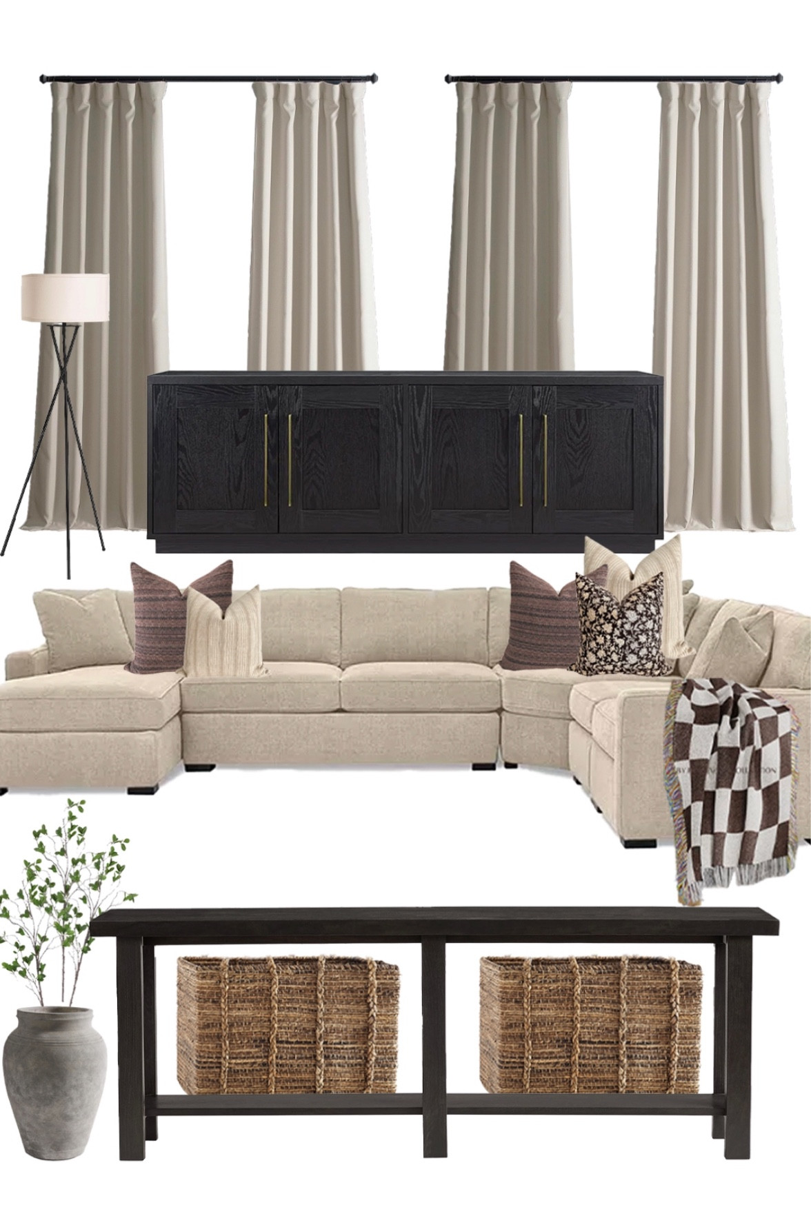 My mood board for my living room decor! My sectional is the main piece of furniture in the space. I have a black tv console that I plan to balance with a black console table, mixing in birch colored drapes, baskets, and floral pillow covers and checkered blanket for a trendy twist.

#LTKFind #LTKSale #LTKhome