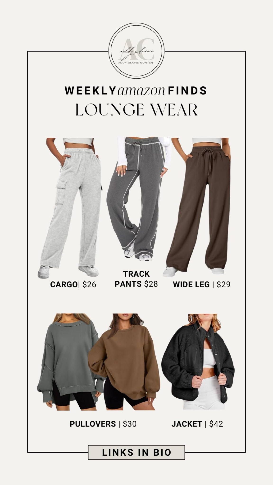 My top picks for the ultimate lounge wear from this week’s Amazon finds! ✨ 

1. **Cargo Pants** ($26) – Super comfy with pockets for all your essentials. Perfect for running errands or lounging at home!
2. **Track Pants** ($28) – Great for both workouts and chilling out. You’ll love the fit!
3. **Wide Leg Pants** ($29) – These are a must-have for a chic, relaxed vibe. So versatile!
4. **Pullovers** ($30) – The softest fabric! Perfect for snuggling up on a chilly day.
5. **Jacket** ($42) – A stylish layer that goes with everything. You won't want to take it off!

I personally love mixing and matching these pieces for a cozy yet fashionable look. Check out the link in my bio to shop! #LoungeWear #AmazonFinds #ComfortFashion

#LTKSeasonal #LTKStyleTip #LTKFindsUnder50