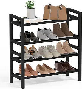 Bamboo Shoe Rack Free Standing Shoe Organizer Black, 4-Tier,Small | Amazon (US)