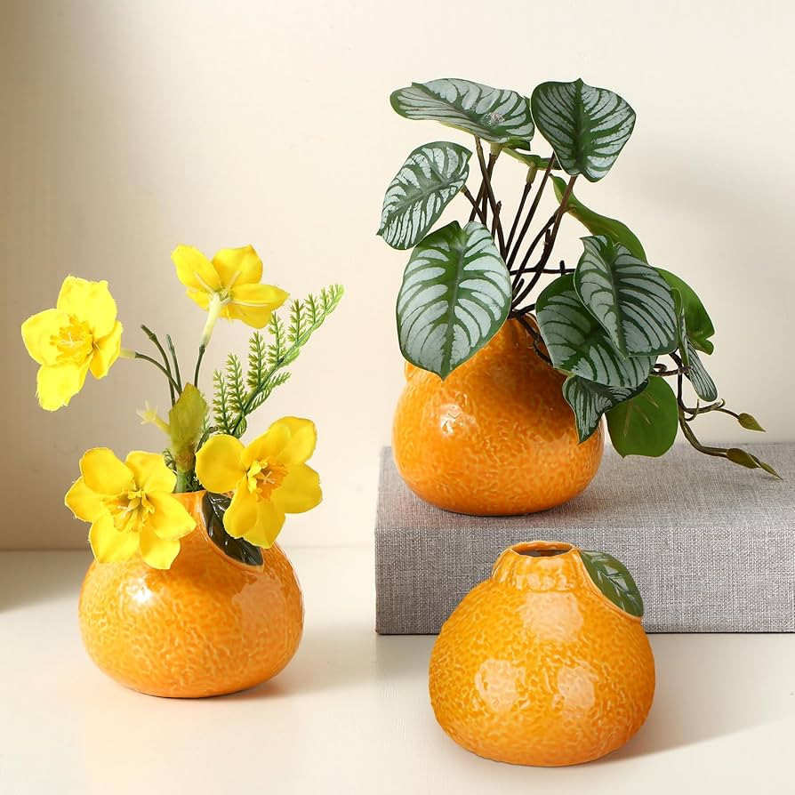 Sieral 3 Pcs 3.7 Inch Ceramic Orange Vase with Green Leaves Cute Tangerine Shape Ceramic Planter ... | Amazon (US)