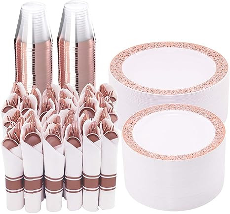 WELLIFE 350 Pieces Rose Gold Plastic Dinnerware, Disposable Rose Gold Lace Plates, Include:50 Din... | Amazon (US)