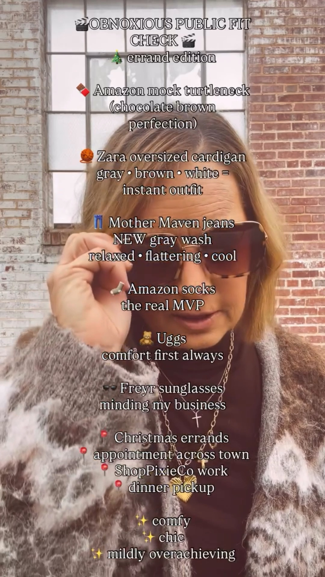🎬OBNOXIOUS PUBLIC FIT CHECK 🎬
🎄 errand edition

🍫 Amazon mock turtleneck
(chocolate brown perfection)

🧶 Zara oversized cardigan
gray • brown • white = instant outfit

👖 Mother Maven jeans
NEW gray wash
relaxed • flattering • cool

🧦 Amazon socks
the real MVP

🧸 Uggs
comfort first always

🕶️ Freyr sunglasses
minding my business

📍 Christmas errands
📍 appointment run
📍 ShopPixieCo co-work
📍 dinner pickup

✨ comfy
✨ chic
✨ mildly overachieving

🔗 Comment PIXIE for the links.
Thx! Jill

#over50style
#midlifestyle
#womenover50
#everydayoutfits
#casualchicstyle
#styledaily
#reelsfashion
#outfitinspo
#modernmidlife
#agelessstyle

Comment PIXIE below to receive a DM with the link to this post on my LTK ⬇ https://liketk.it/5H47n #ltkover40 #ltkootd #ltkgrwm