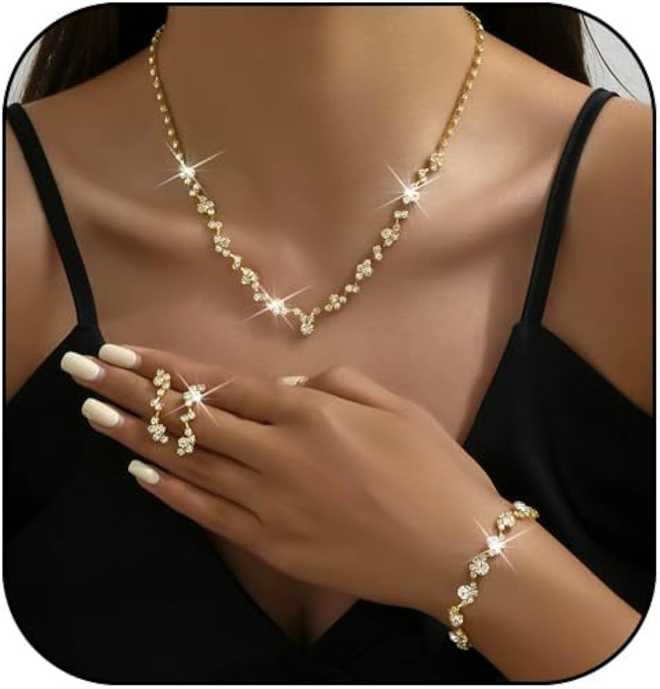 Prom Earrings Necklace Bracelet Set Elegant Crystal Necklace Earrings Bracelet Bridal Wedding Pro... | Amazon (US)