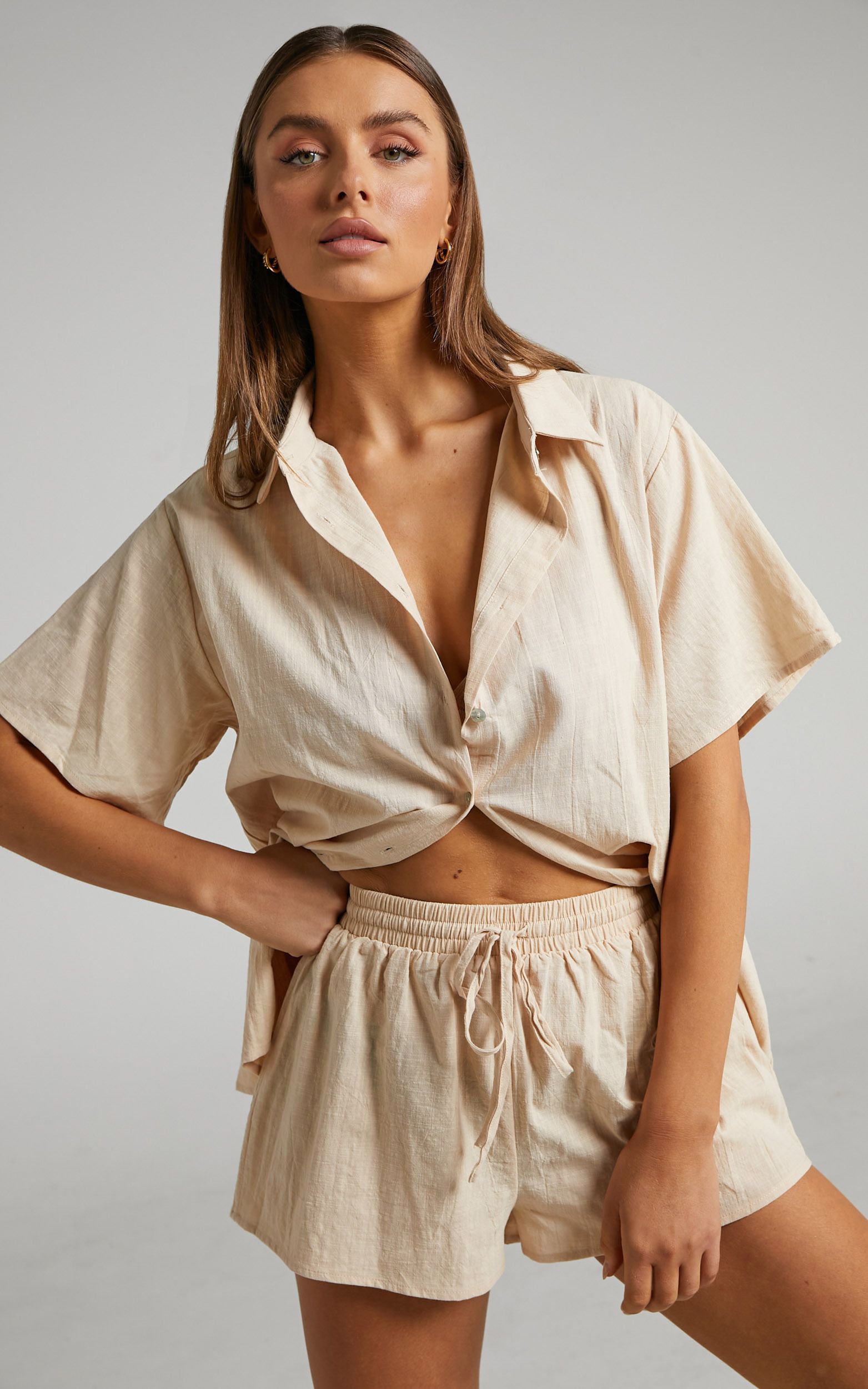 Vina del Mar Button Up Shirt and Shorts Two Piece Set in Oatmeal | Showpo (ANZ)